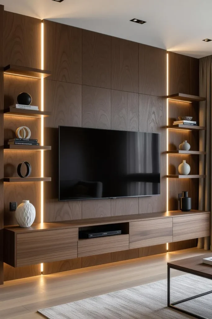 13 Modern Media Wall Ideas to Instantly Elevate Your Living Room 12 Sleek media wall with hidden storage and mounted TV