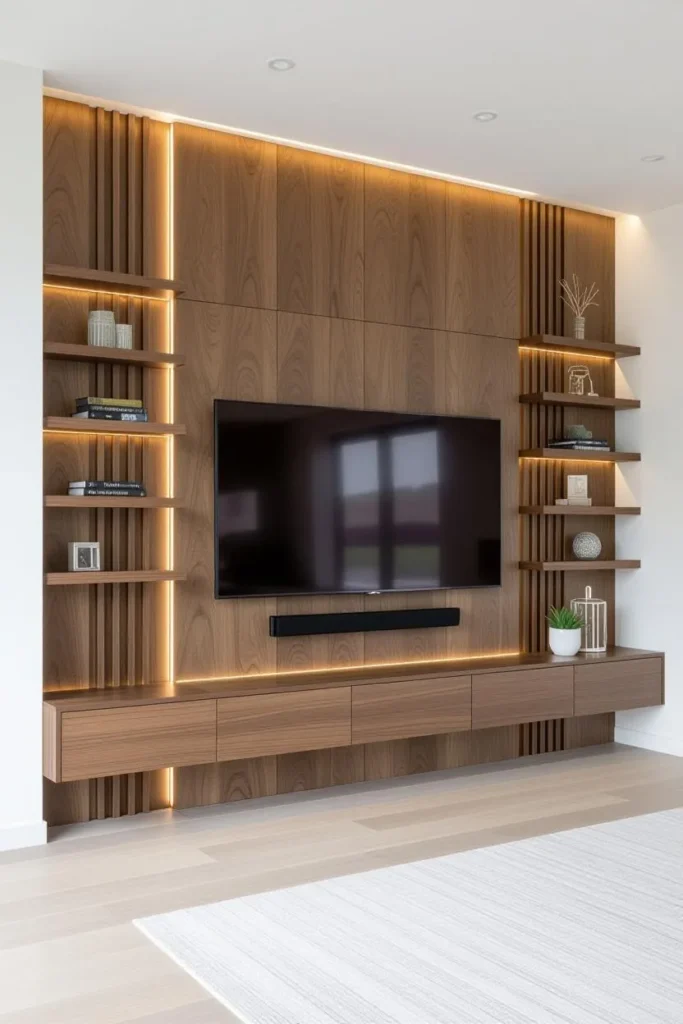 13 Modern Media Wall Ideas to Instantly Elevate Your Living Room 13 Classic wood panel media wall with LED lighting