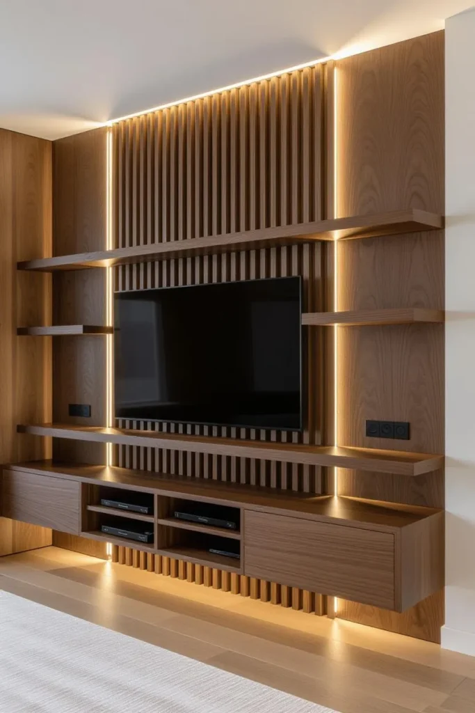 13 Modern Media Wall Ideas to Instantly Elevate Your Living Room 14 Luxury symmetrical media wall with wooden slats and LED lights