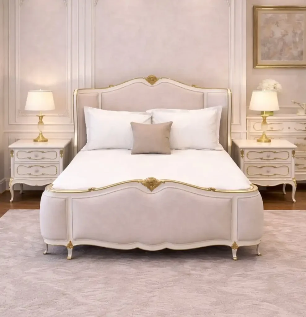 11 Luxurious Modern Bedroom Ideas That Feel Calm, Cozy & Elegant 7 blush pink bedroom with gold detailing and matching nightstands