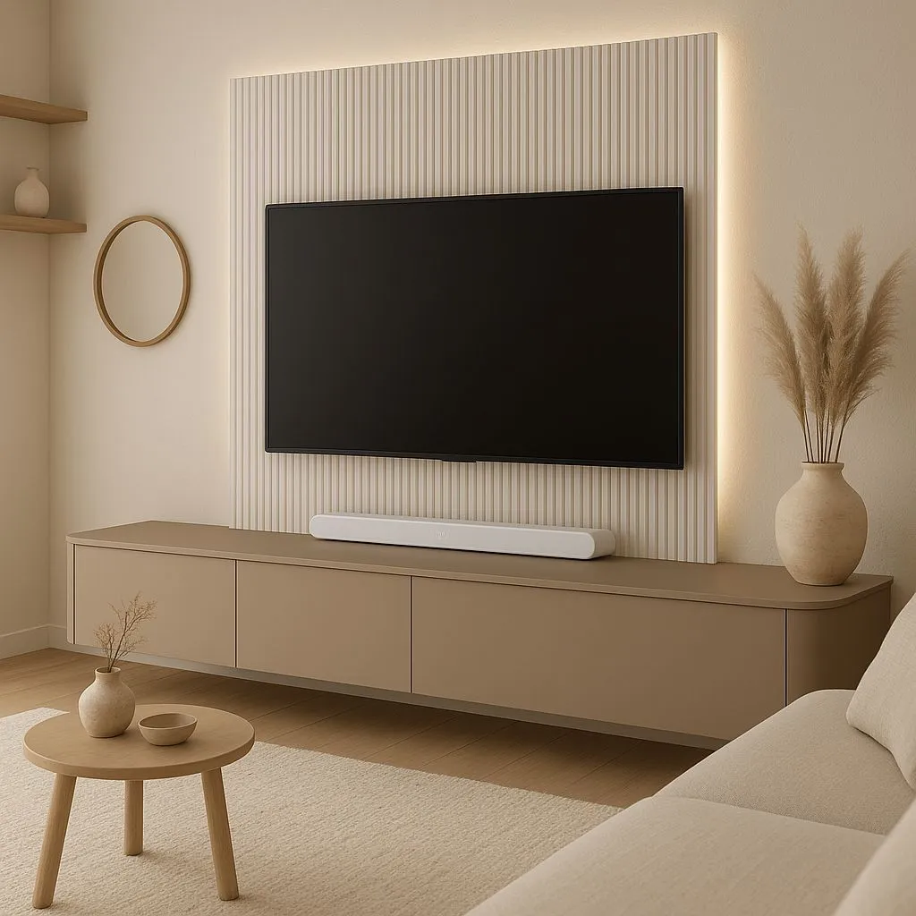 13 Modern Media Wall Ideas to Instantly Elevate Your Living Room 4 Two-tone modern media wall with wood and neutral panels