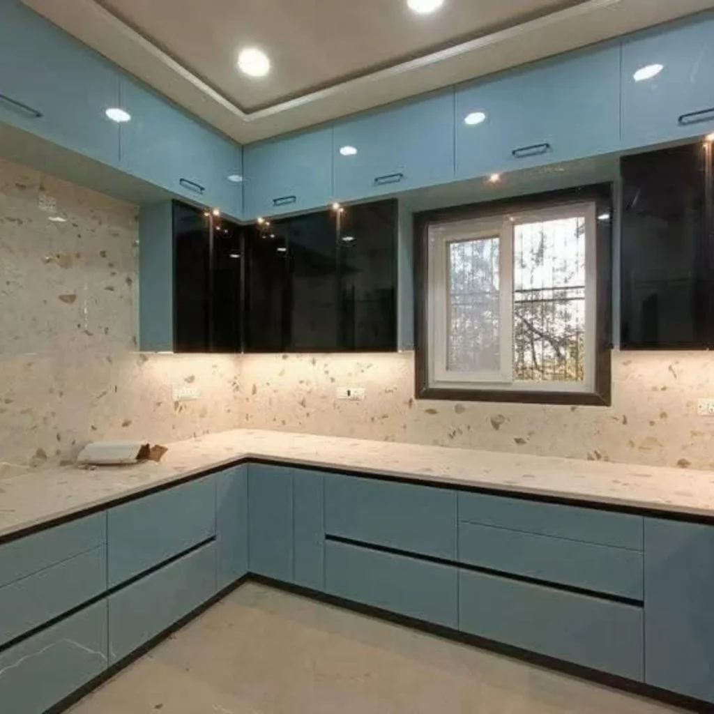 Modern kitchen with dining area and pendant lighting