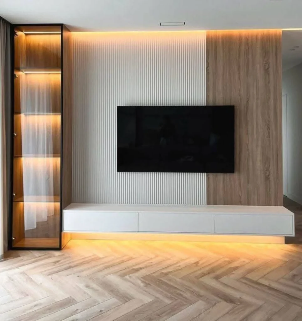 13 Modern Media Wall Ideas to Instantly Elevate Your Living Room 6 Neutral media wall with backlit panel and minimalist décor