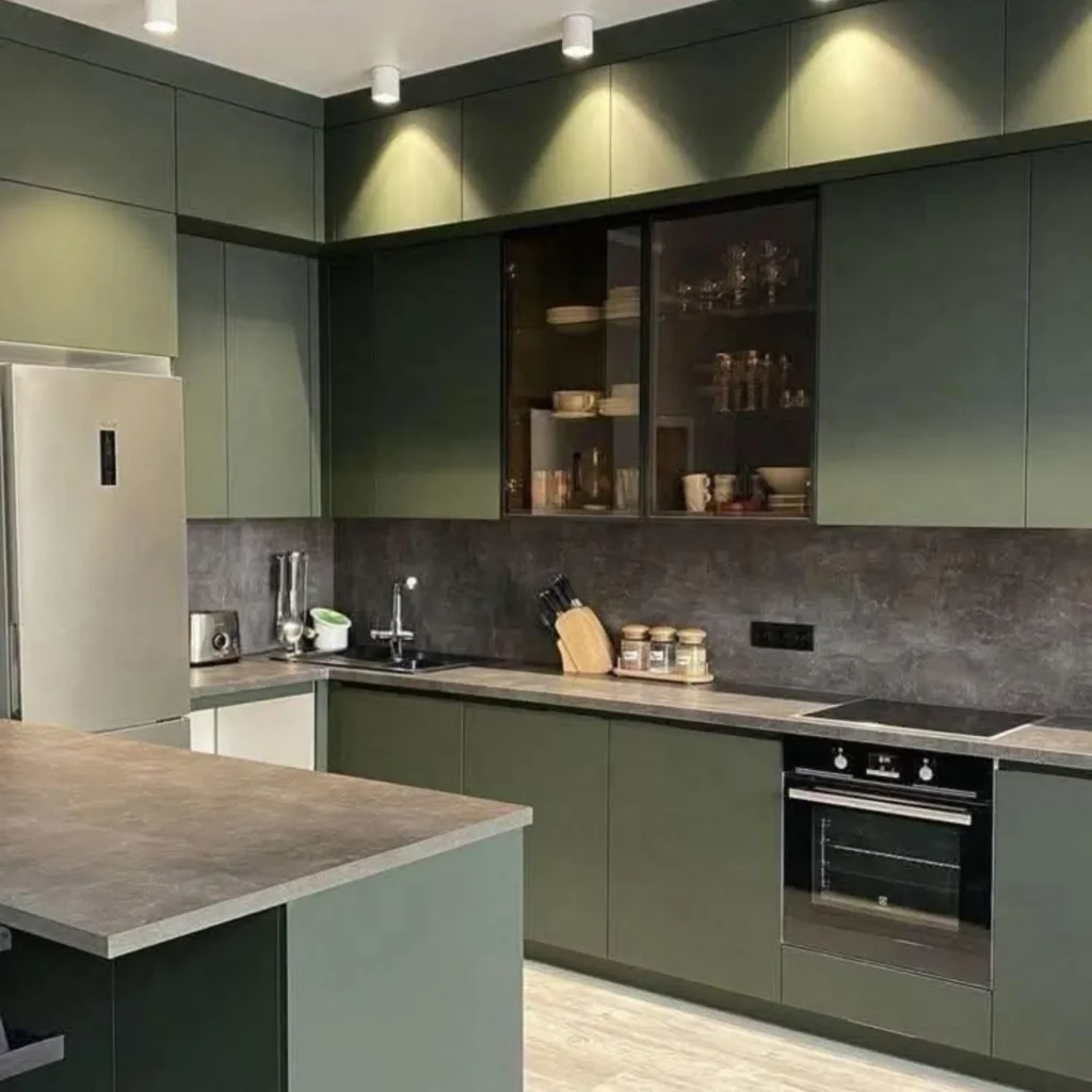 Industrial kitchen with dark walls and wooden dining table

