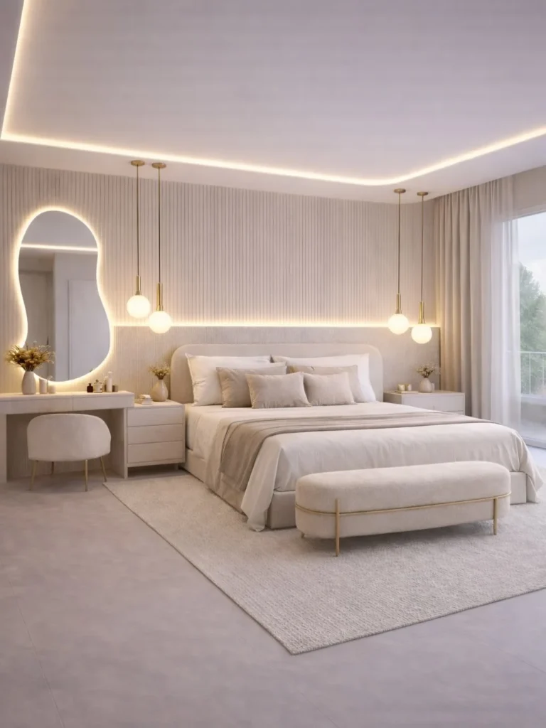 11 Luxurious Modern Bedroom Ideas That Feel Calm, Cozy & Elegant 3 modern bedroom with decorative panel wall and green bench seating