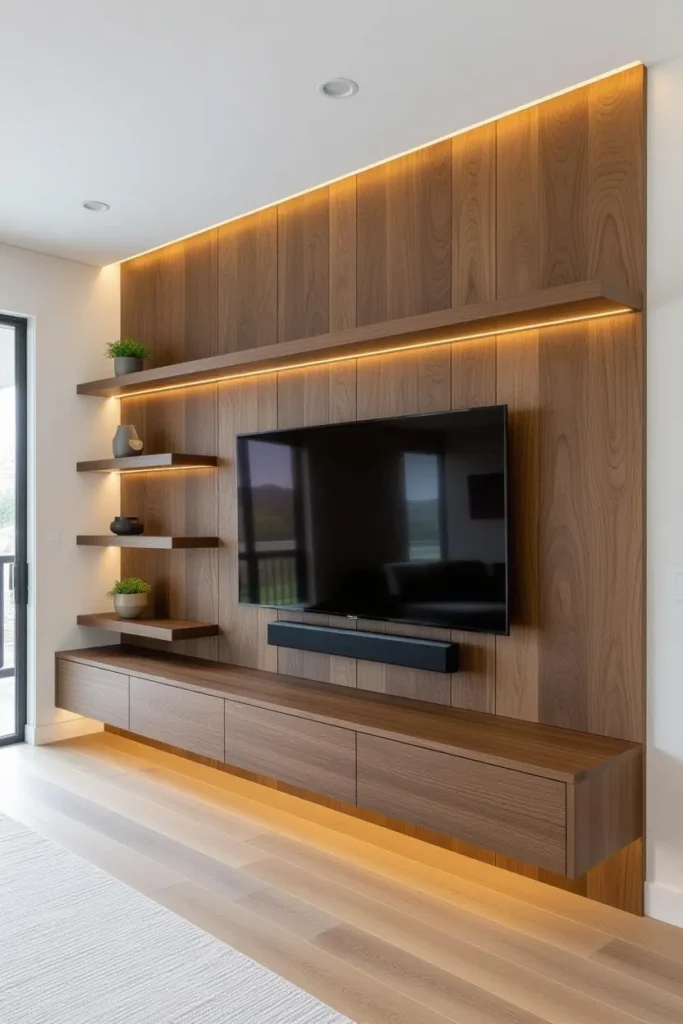 13 Modern Media Wall Ideas to Instantly Elevate Your Living Room 7 Asymmetrical wooden media wall with LED accents