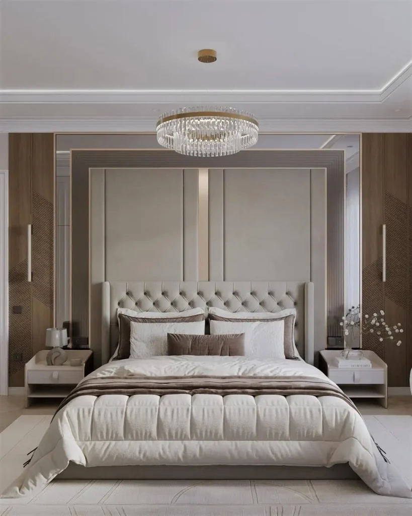 11 Luxurious Modern Bedroom Ideas That Feel Calm, Cozy & Elegant 2 minimalist beige bedroom with hanging pendant lights and upholstered bench