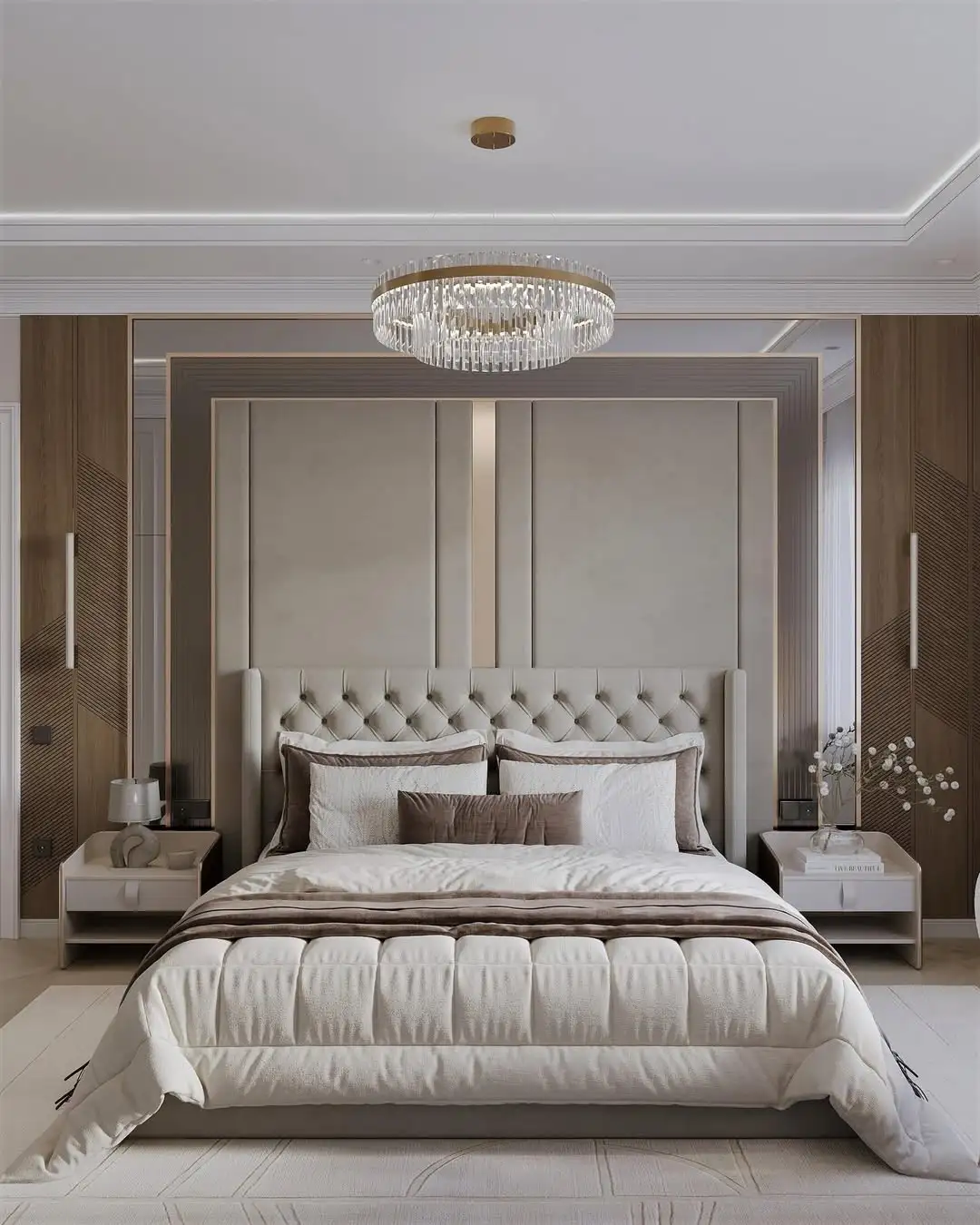 minimalist beige bedroom with hanging pendant lights and upholstered bench