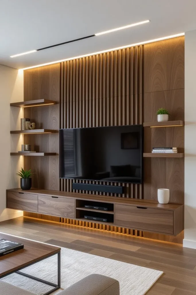 13 Modern Media Wall Ideas to Instantly Elevate Your Living Room 8 Curved media wall with fluted panels and soft lighting