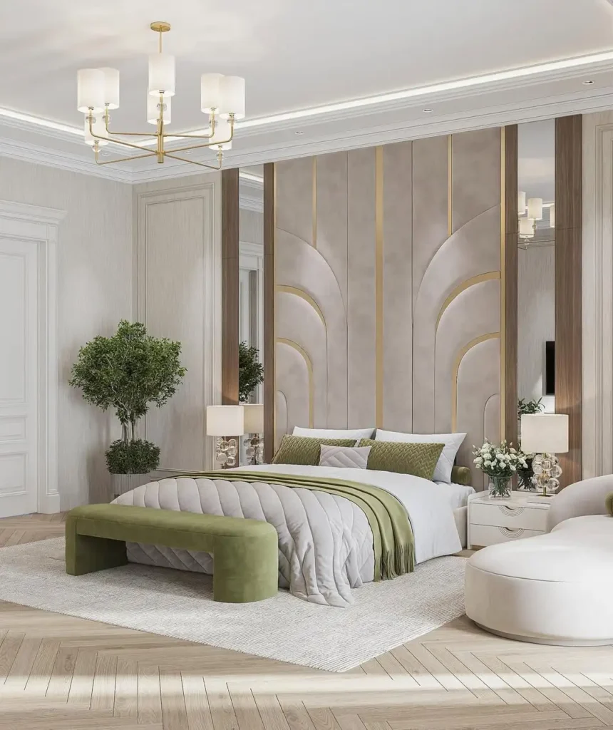11 Luxurious Modern Bedroom Ideas That Feel Calm, Cozy & Elegant 9 modern bedroom with textured wall behind bed and green accents