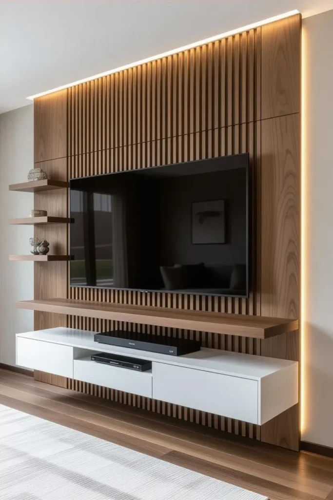 13 Modern Media Wall Ideas to Instantly Elevate Your Living Room 9 Full-height wooden media wall with vertical slats