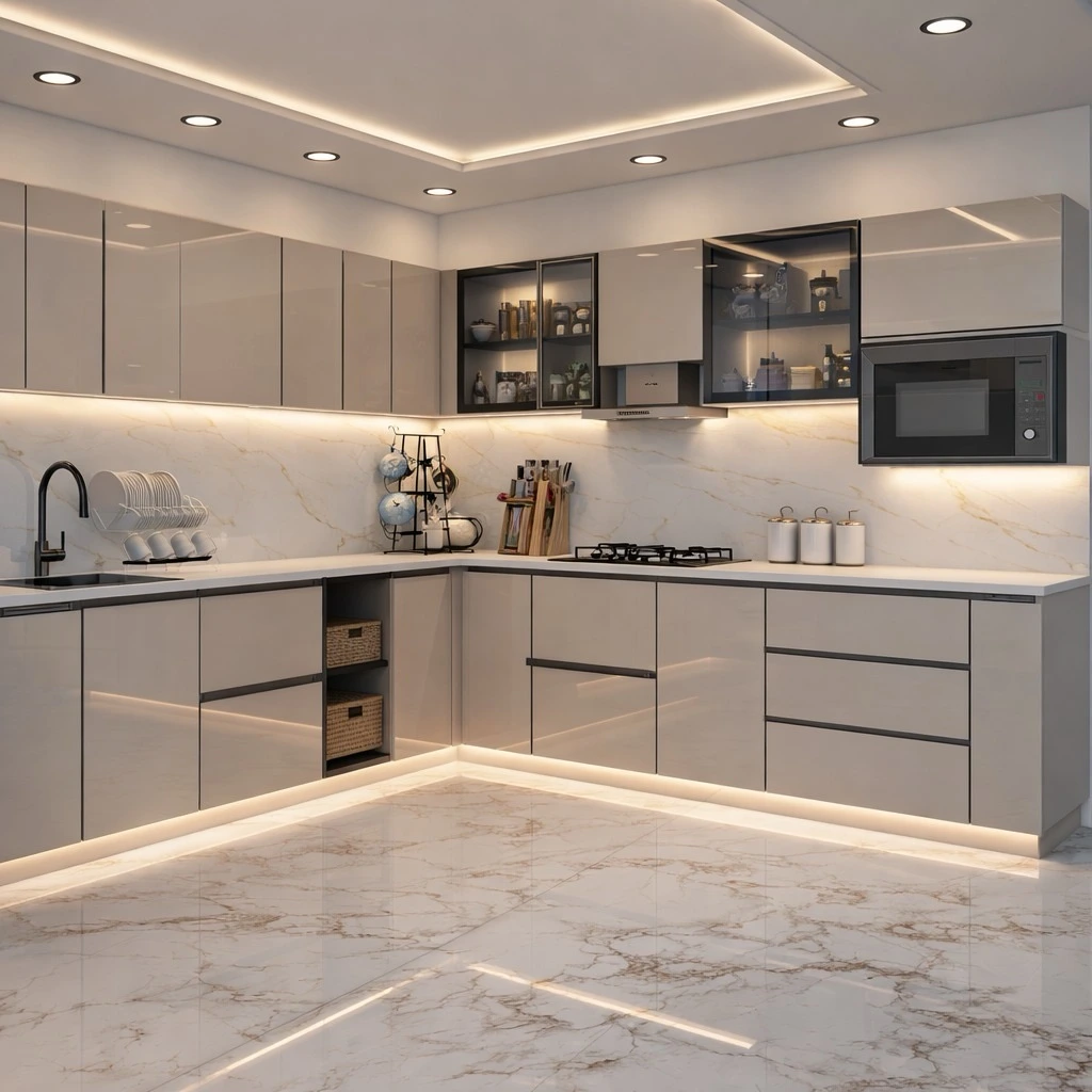 Open modern kitchen with island and contemporary lighting