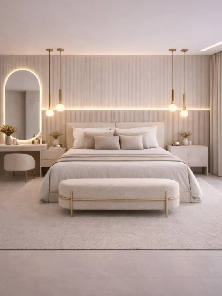11 Luxurious Modern Bedroom Ideas That Feel Calm, Cozy & Elegant 10 neutral bedroom with vanity table and round mirror lighting