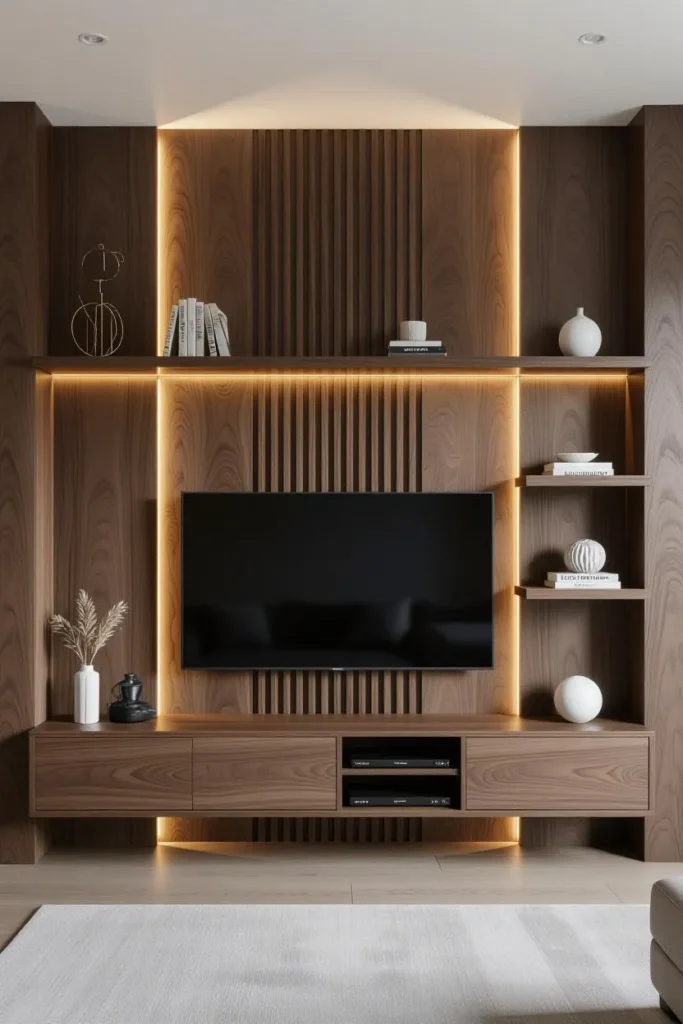 13 Modern Media Wall Ideas to Instantly Elevate Your Living Room 10 Media wall with vertical LED strips and wooden panels