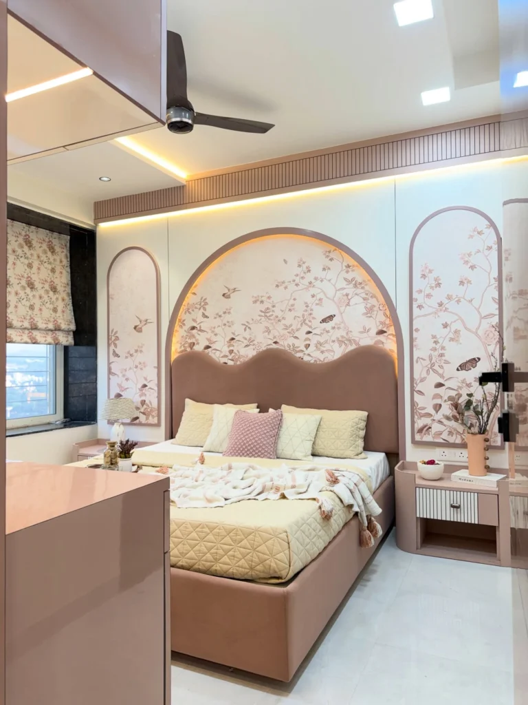 12+ Modern Bedroom Design Ideas That Instantly Elevate Your Space 2 Soft neutral bedroom with arched wall panels, upholstered bed, and warm LED lighting