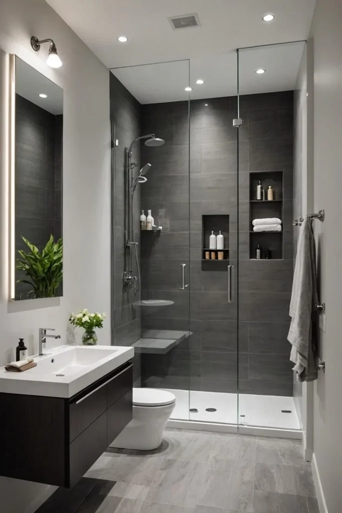 Modern grey minimalist bathroom with glass shower enclosure and floating vanity