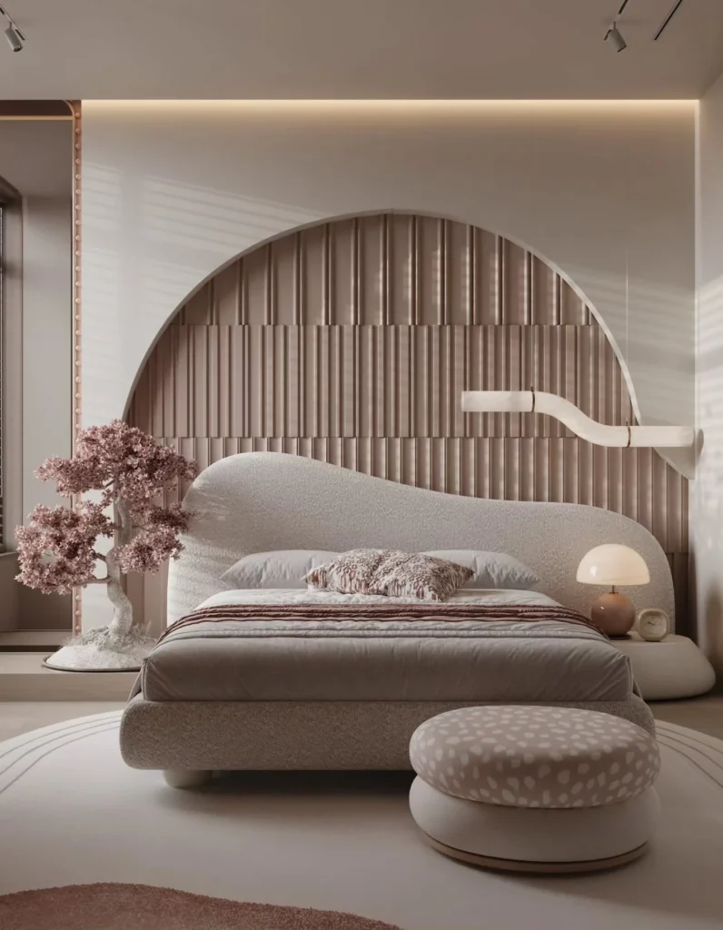 12+ Modern Bedroom Design Ideas That Instantly Elevate Your Space 11 Modern bedroom with curved headboard, decorative wall panels, and luxury lighting