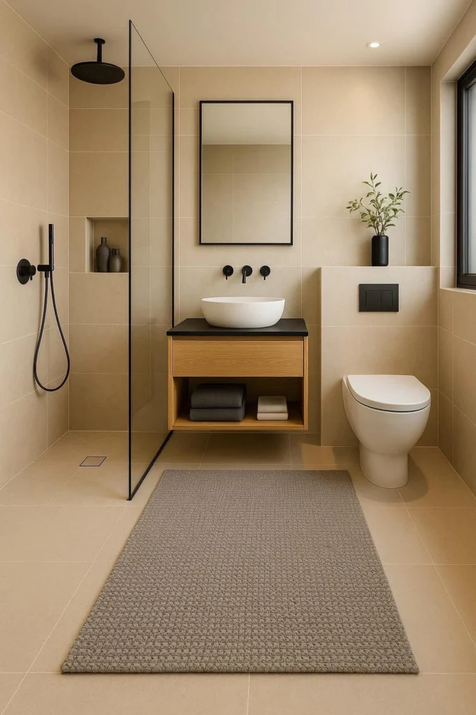 Earth-tone bathroom with black shower fixtures and minimal vanity
