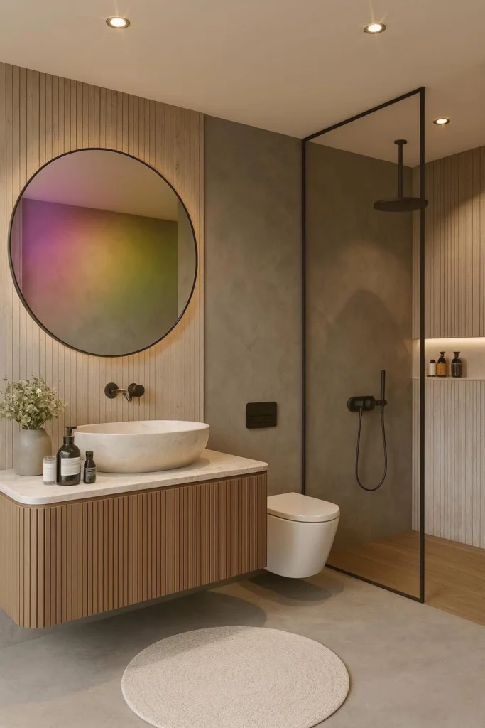 Modern bathroom with textured wall panels, round mirror and wood vanity