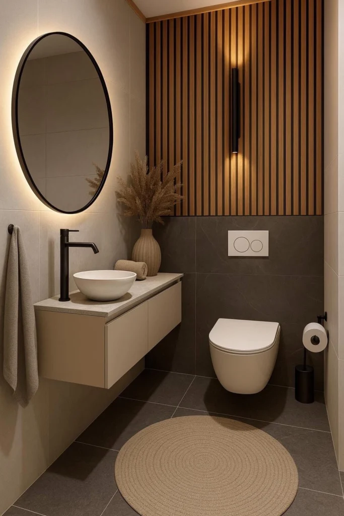 Elegant modern bathroom with wooden slat wall and soft lighting
