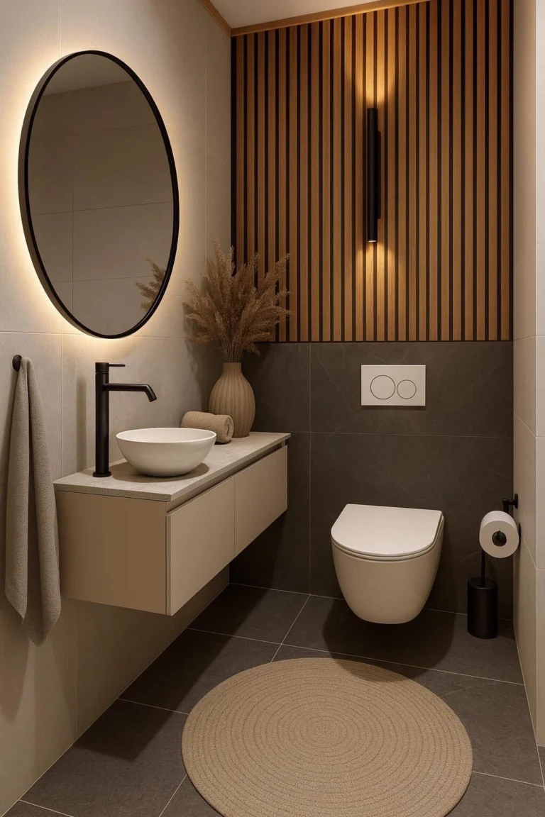 Modern bathroom design with wooden slat accent wall, soft lighting, and minimalist vanity