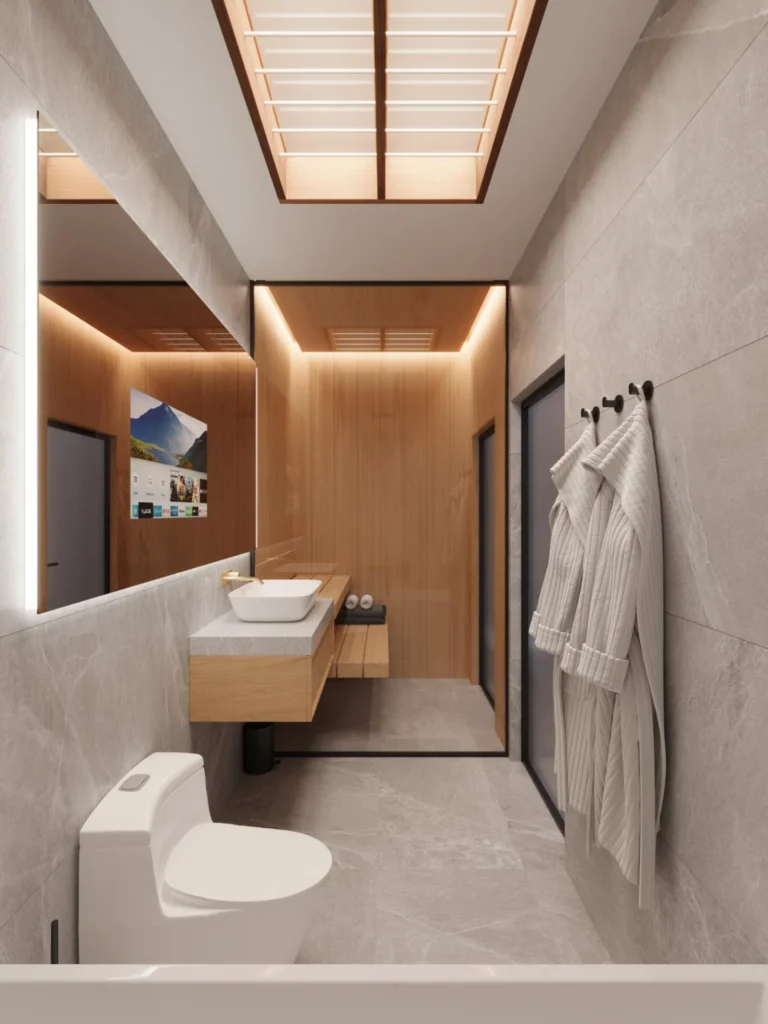Spa-inspired bathroom with natural light, wooden vanity and calm tones