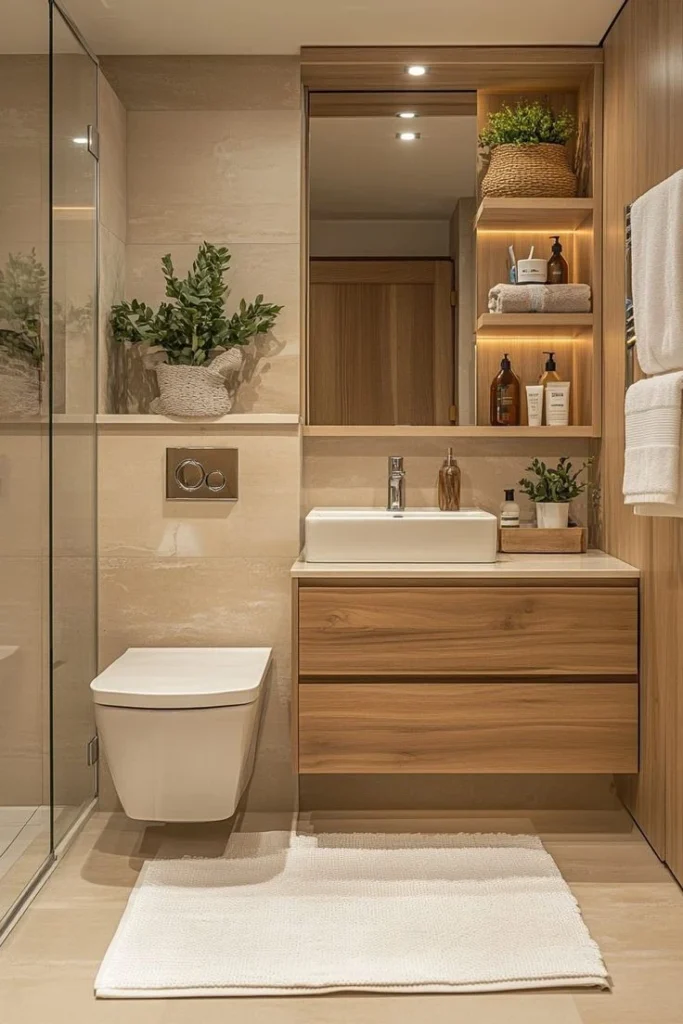 Modern bathroom with wooden vanity, warm lighting and built-in shelves