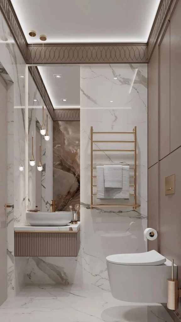 Luxury marble bathroom with gold fixtures and elegant lighting