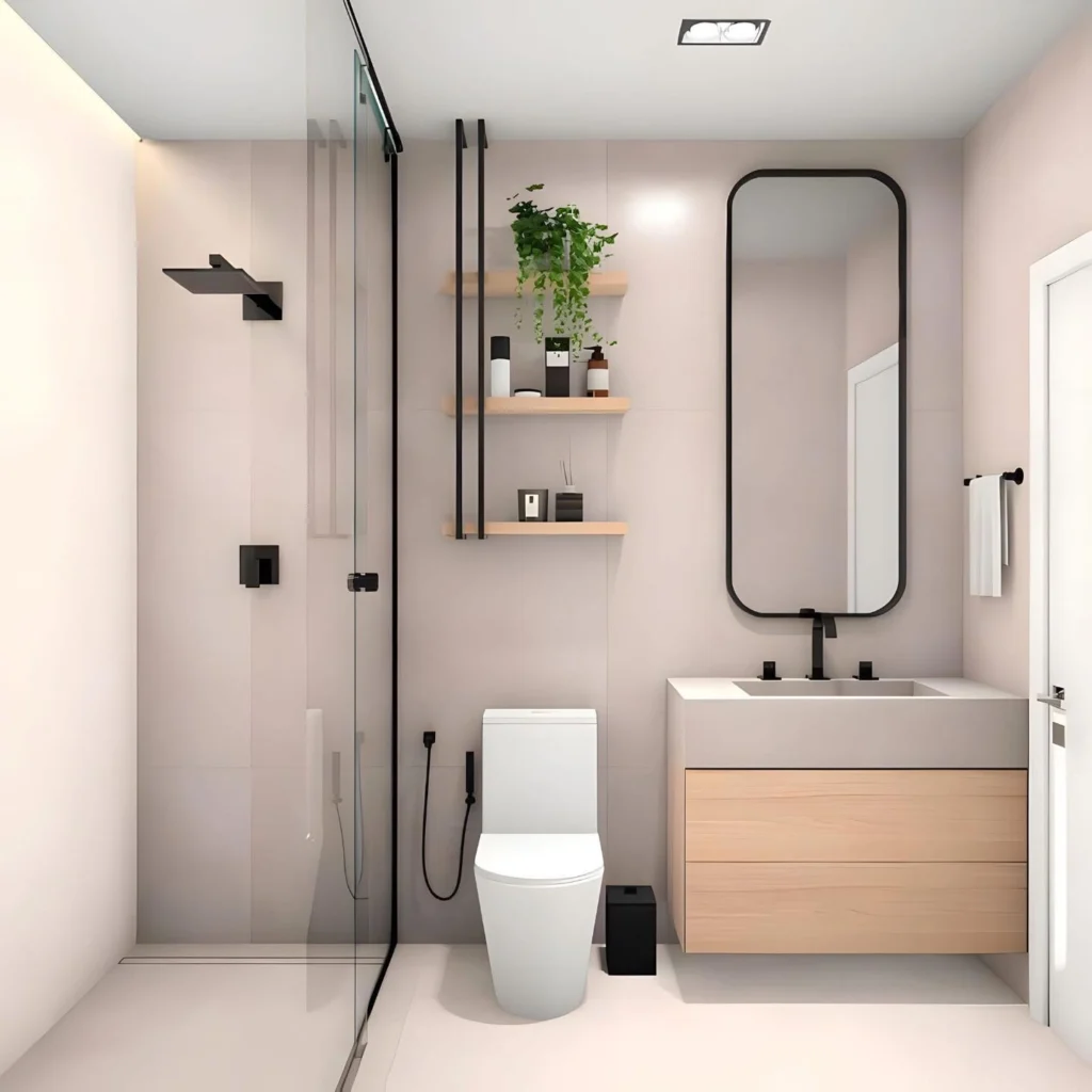 Neutral tone bathroom with floating sink, open shelves and black fixtures