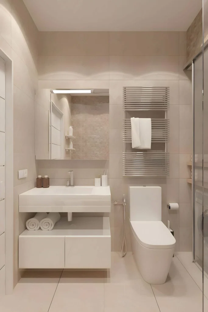 Small modern bathroom with compact layout and smart storage solutions