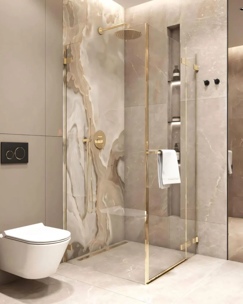 Beige modern bathroom with wall-mounted vanity and towel warmer