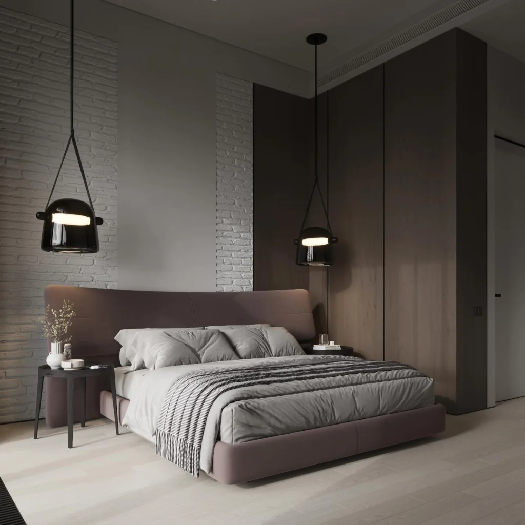 12+ Modern Bedroom Design Ideas That Instantly Elevate Your Space 8 Cozy modern bedroom with dark accents, upholstered bed, and warm ambient lighting