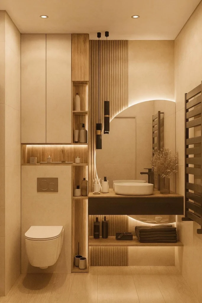 Modern bathroom with ambient lighting, wooden panels and round mirror