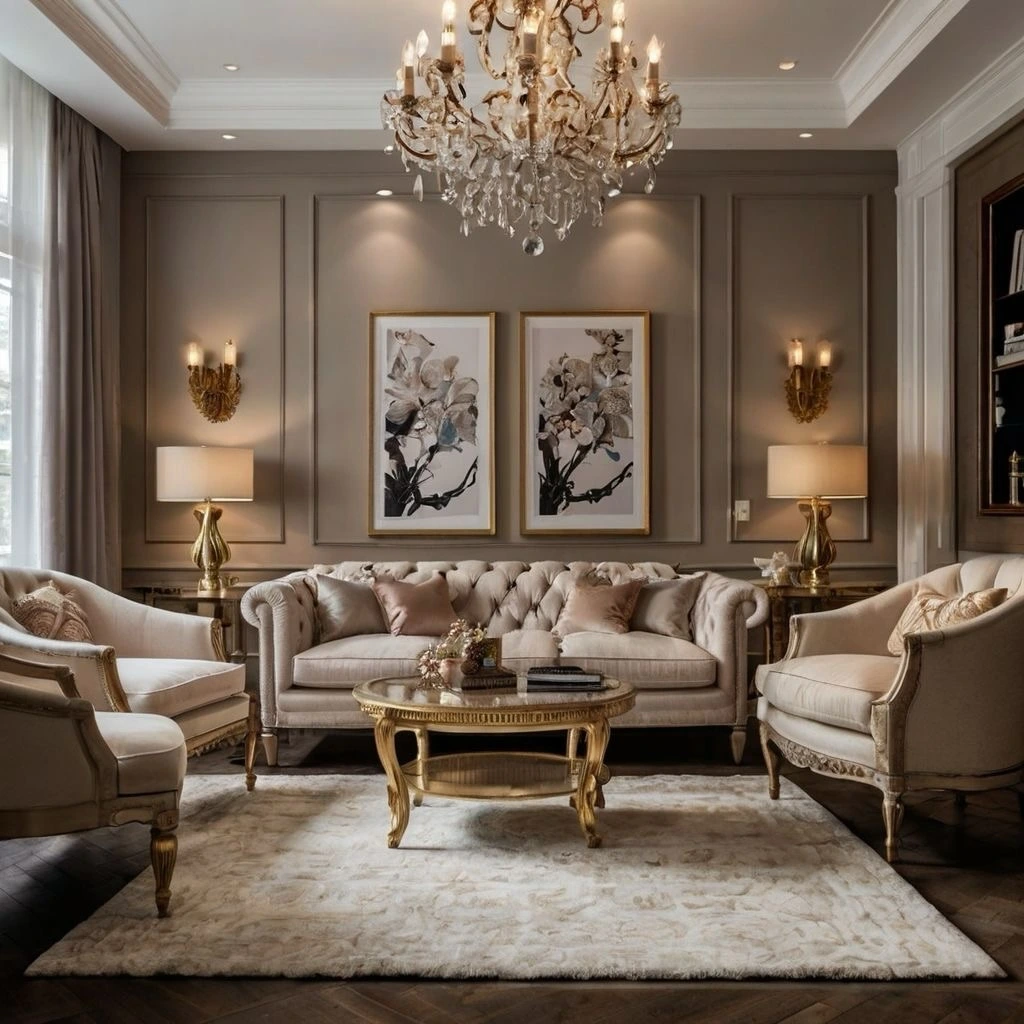 Modern living room with sculptural wall panels and beige sectional sofa