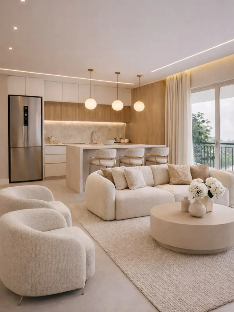 Modern drawing room with abstract blue artwork and neutral seating