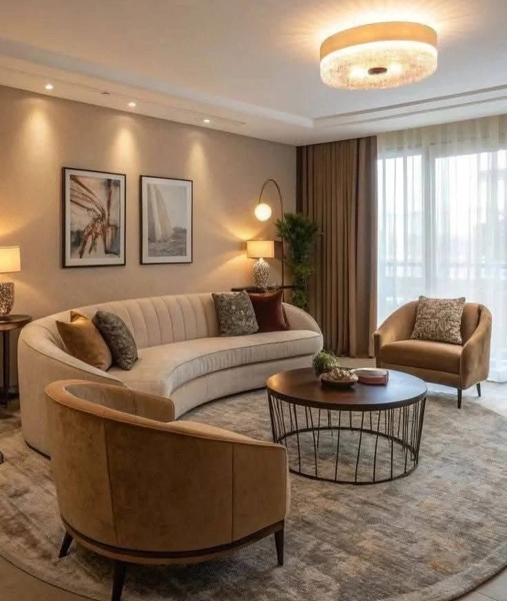 Elegant drawing room with tropical mural wall and classic sofa set