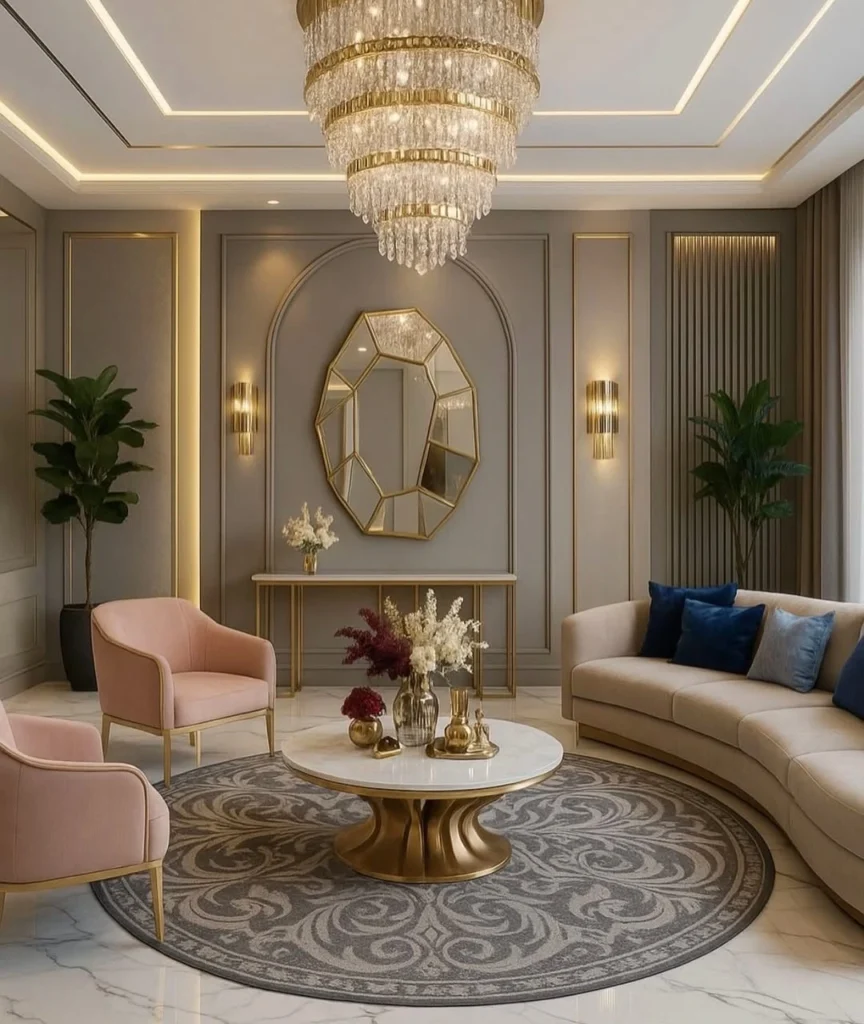 Modern drawing room with large window, orange sofa and vertical wall panels