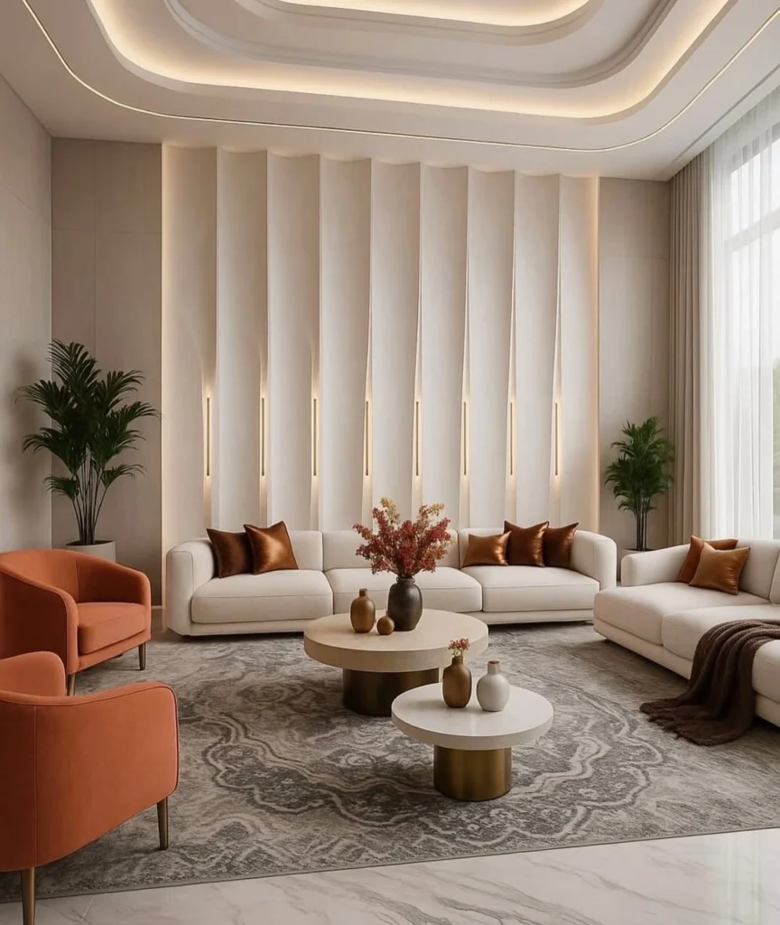 Minimal luxury living room with cream sofa, round rug and gold coffee table