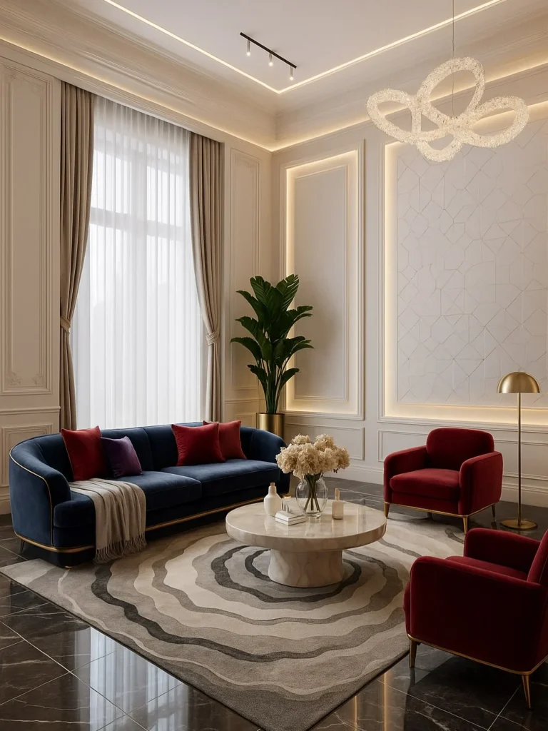 Minimalist beige curved sofa living room with round rug and modern ceiling design