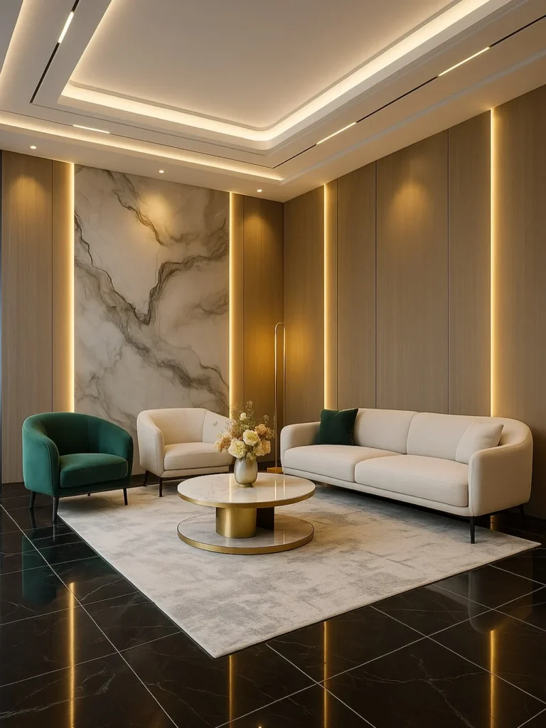 Classic royal drawing room with chandelier, carved furniture and gold accents