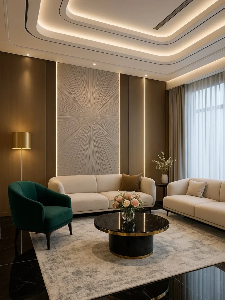 Open concept living room with beige sofa and modern kitchen in background