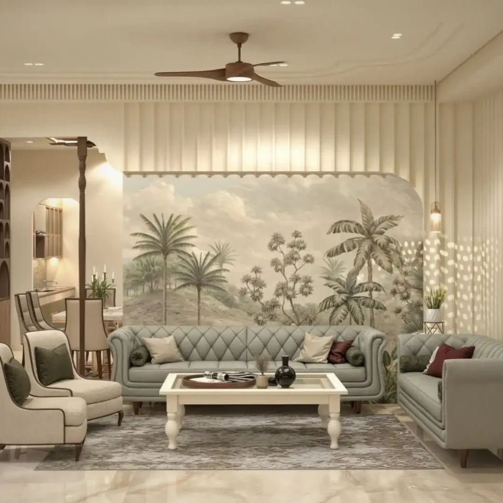 Warm contemporary drawing room with brown armchairs and round coffee table