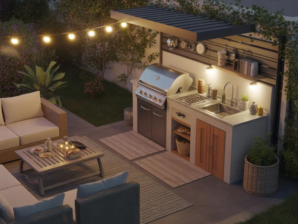 modern mini outdoor kitchen design with shaded roof and lights