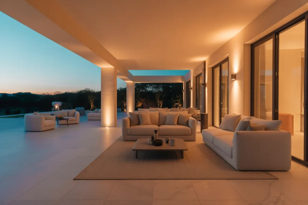 Modern beige porch with arches, minimalist seating, soft decor, and natural lighting