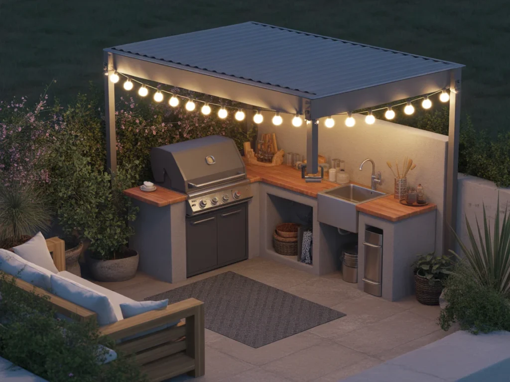  outdoor kitchen design with cozy patio seating and string lights