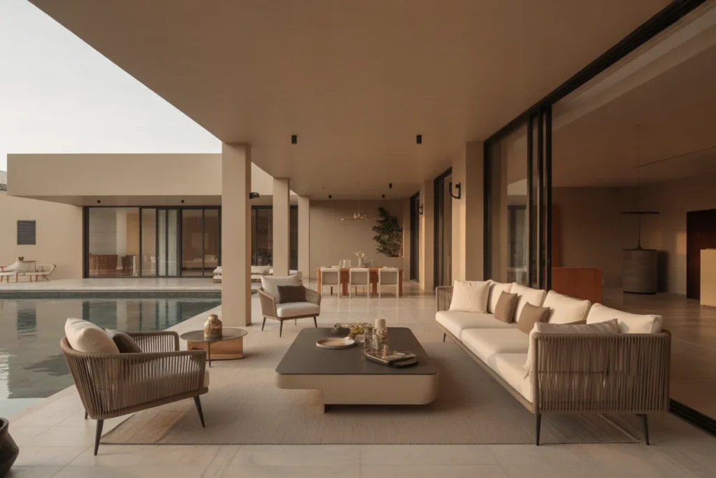 Back porch patio with poolside seating, covered roof, and modern outdoor dining area
