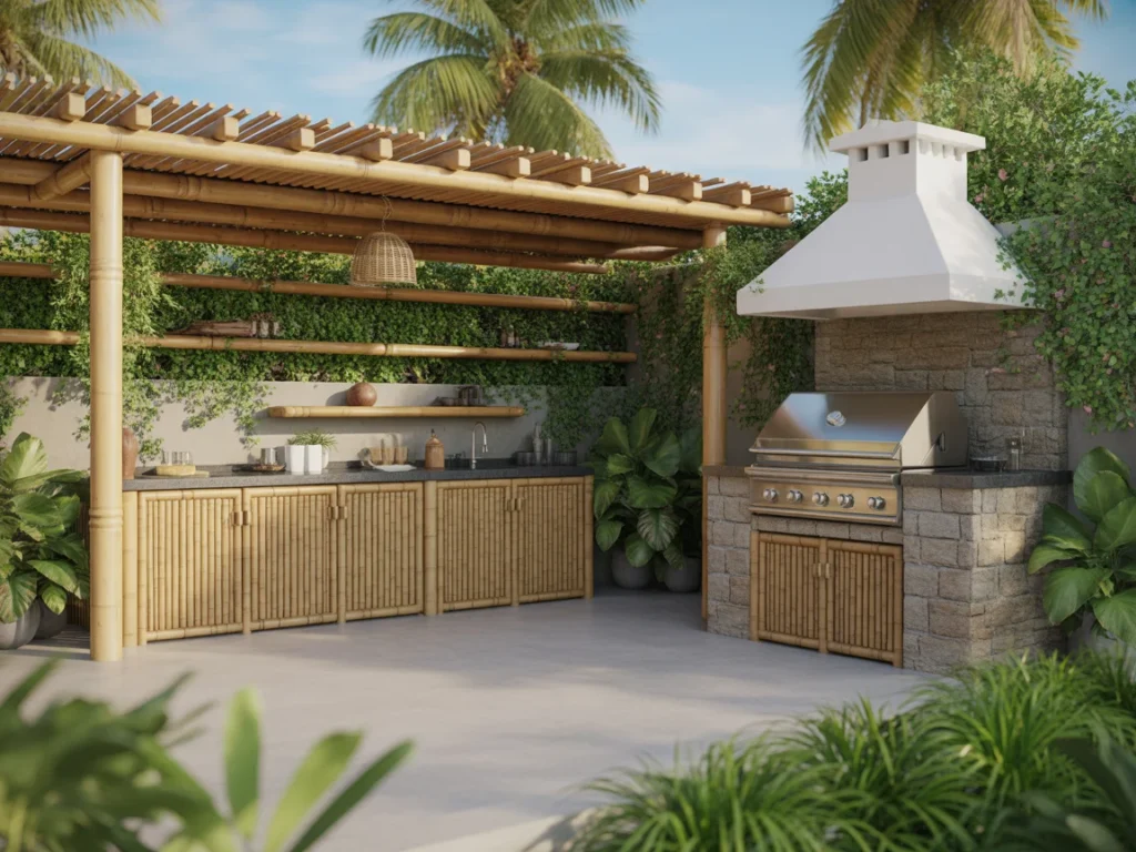 compact outdoor kitchen design with shelves and lighting