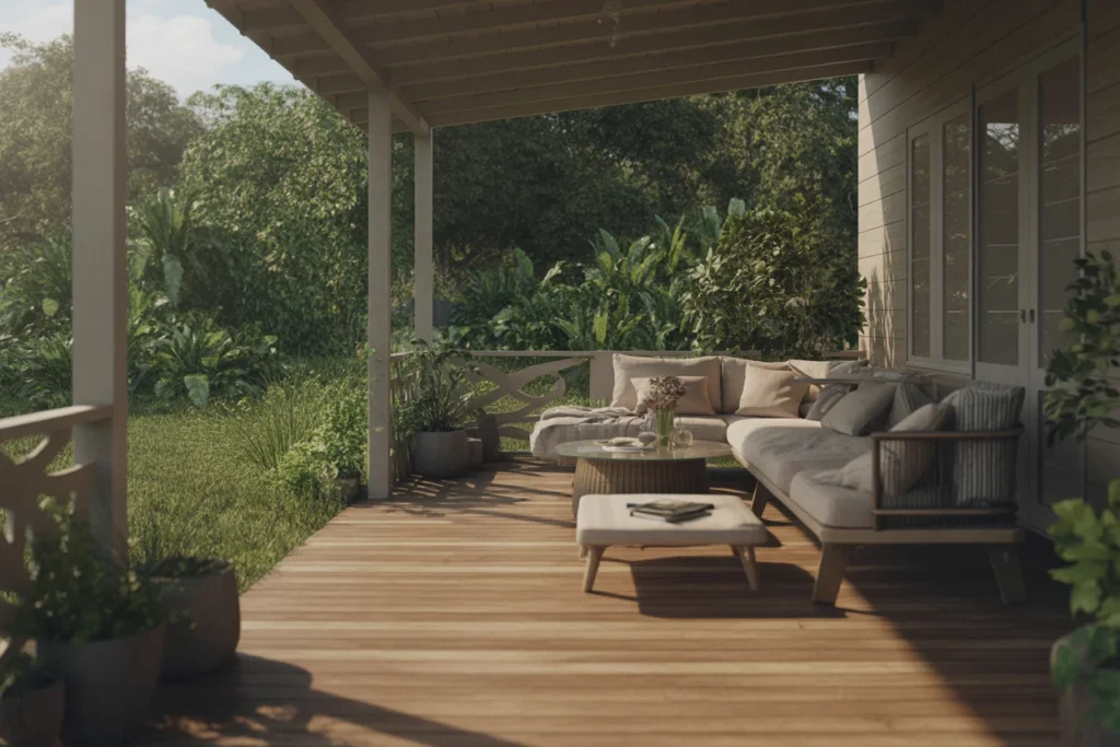 Wooden porch with sofa seating overlooking lush green garden and peaceful landscape