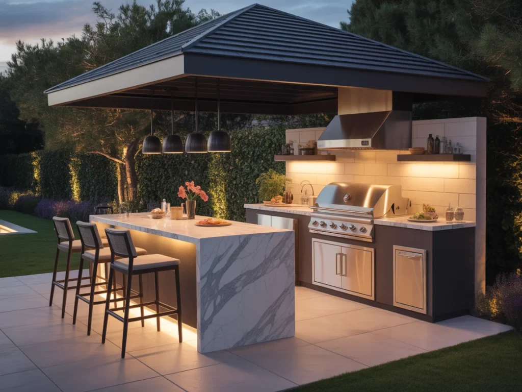 small covered outdoor kitchen design with string lights and sink