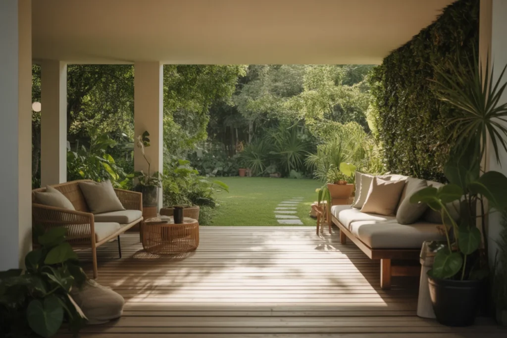 Small porch with wooden flooring, potted plants, and open garden pathway view